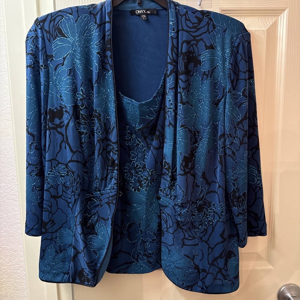 Onyx Nite Women L 2 Piece Set Teal Blue Floral Glitter Cardigan Jacket Camisole